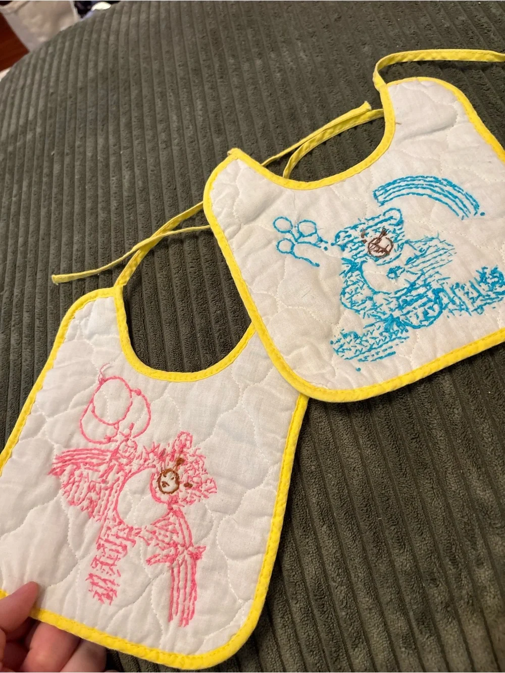 Vintage pair of Yellow-Trim Quilted Baby Bibs with Blue & Pink Bear Embroidery